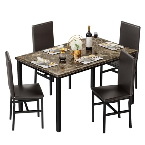 Lamerge Dining Table Set for 4, Faux Marble Table and 4 PU Leather Chairs, Kitchen Table and Chairs for 4, Modern Dining Room Table Sets for Small Spaces, Living Room, Breakfast Nook, (Coffee Color)