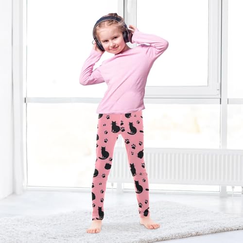 Black Cat Footprint Pink Girls Leggings Ultra Soft Compression Yoga Gym Pants for Kids 4-10T4
