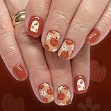 24Pcs Halloween Press On Nails Short Square Fake Nails Orange Fall Nails Press Ons Full Cover False Nails With Pumpkin Ghost Designs Acrylic Glue On Nail Halloween Stick On Nail For Women