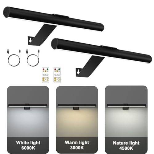 2 Pack Wireless Picture Light with Remote, Battery Operated Wall Sconce, 3 Color Modes and Dimmable LED Wall Lights with Timer for Painting, Frame, Gallery, Dartboard, Bedroom (Black)