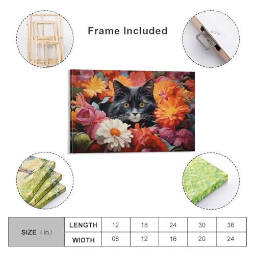 Toile chat floral moderne tableau prêt à poser pour mur vide - 2