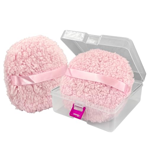 6'' Body Powder Puff 2-Pack with Storage Box – Oversize Soft Dusting Puff for Women, Fluffy Talcum Powder Applicator, Gentle Skin Care Puff for Post-Bath Use,Pink