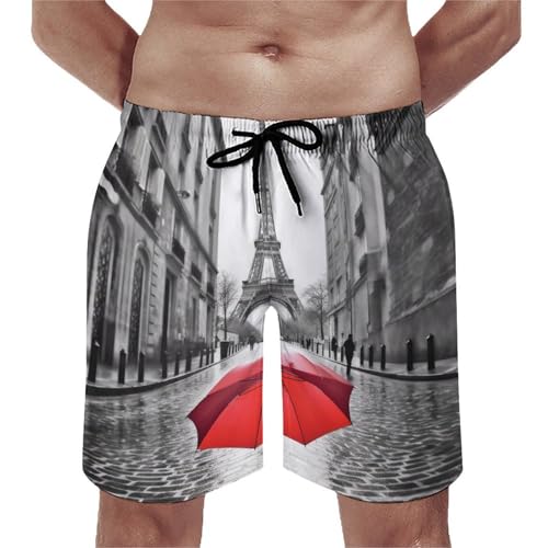 Mens Shorts Eiffel Tower Paris Red Umbrella Men Swim Trunks Quick-Dry Beach Shorts with Drawstring Pocket Bathing Suit