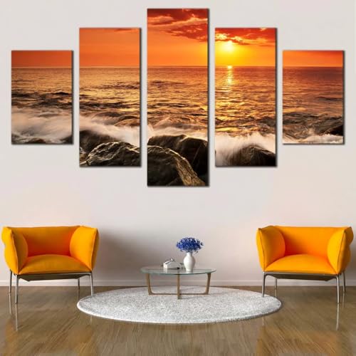 Tableau Vagues de l'Océan 5 Parties avec Cadre pour Déco Murale Orange