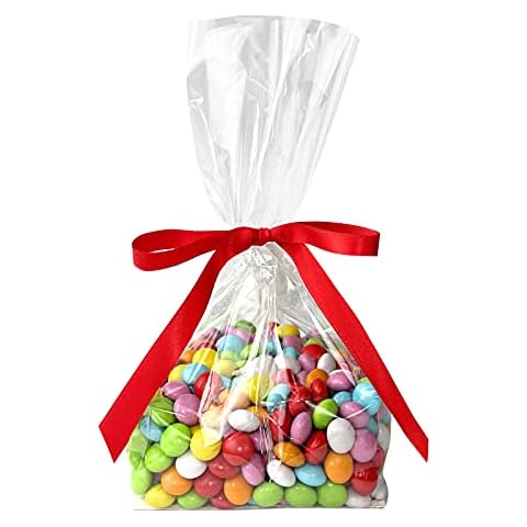 Morepack Gusseted Cellophane Bags, 50Pcs 4x4x10 Inches Flat Bottom Cellophane Bags Gusseted with Paper Insert, Gusset Treat Bags Cover