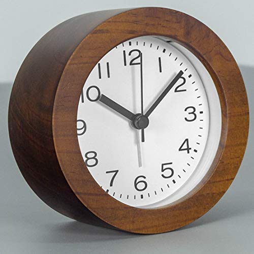 Aromustime 3-Inches Round Wooden Alarm Clock With Arabic Numerals, Non-Ticking Silent, Backlight, Battery Operated, Brown #TOP26