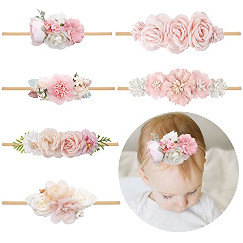 NUWAJP Baby Girl Flower Headband 6 PCS Elastic Hairbands Handmade Nylon Bows Headbands Chic Floral Hair Accessories Kids Gifts for Newborn Infant Toddlers