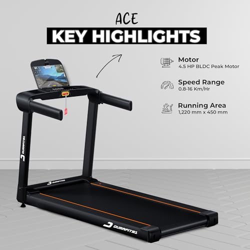 Image of Durafit91 Ace 4.5 HP Peak BLDC Motorized Treadmill |16 Km /Hr Max Speed | 120 Kg User Weight | Manual Foldable | Bluetooth Speaker | Wynd app | Home use