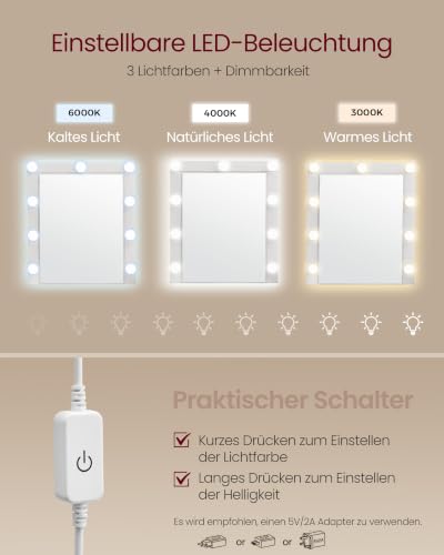 VASAGLE Schminktisch mit Spiegel und Beleuchtung, 2 Schubladen, Wolkenweiß – Ansicht 3