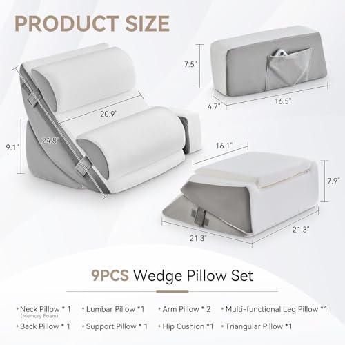 Image of Yojoker 9PCS Orthopedic Bed Wedge Pillow Set for Sleeping, Back and Leg Pain Relief, Post Surgery Foam Pillow for Body, Triangle Adjustable Support Pillow - Acid Reflux Sleeping Pillows