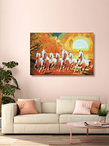 Image of 999Store Wooden Stretched Framed painting wall paintings for living room big size horses with frame art bed decor home Seven White Running Horses Wall frames canvas modern stylish hanging ( Canvas 18X30 Inches Strectched Canvas) FLP18300071