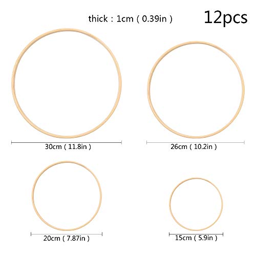 12 Stück 4 Größen (15cm/20m/25cm/30cm) Traumfänger Ringe Holz Bambus Blumenkranz Makramee Ringe Floral Hoop Set Makramee Craft Hoop Ring für Dreamcatcher, Hochzeit Kranz Decor und DIY Handwerk