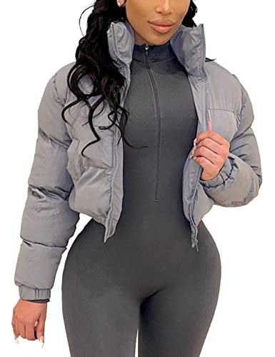 Gihuo Women's Cropped Puffer Jacket Zip Up Winter Short Quilted Jackets Bubble Coat(Grey-M)