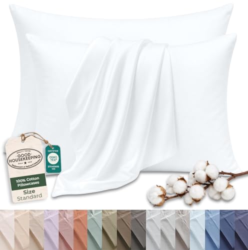 Image of Royale Linens 100% Cotton Pillow Cases Standard Size Set of 2 - Percale Pillowcase - White Pillow cases Super Soft Cooling & Breathable Hotel Cotton Pillowcases, Fits Standard Pillows (20 inchx26 inch, White)