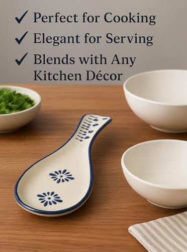 Image of Maya | Hand-Painted Ceramic Spoon Rest - Blue Floral Design, Large Cutlery Holder for Kitchen & Tableware, Pack of 1 (Blue)