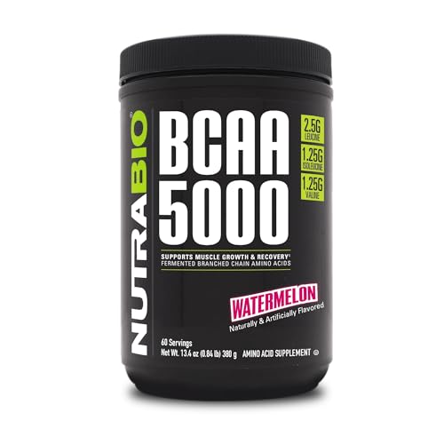 NutraBio BCAA 5000 Powder - Vegan Fermented BCAAs - Supports Lean Muscle Growth, Recovery, Endurance - 60 Servings - Watermelon