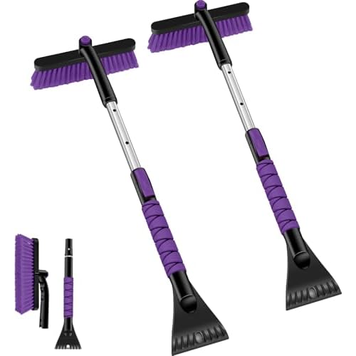 Odoland 2 Pack 33" Extendable Snow Brush with Detachable Ice Scraper for Car Windshield with Foam Grip and 360° Pivoting Brush Head for Christmas Car Auto Truck SUV, Purple Purple 2 Packs