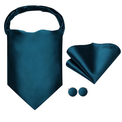 Image of Hi-Tie Silk Ascot for Men Self Tie Men's Cravat and Flower Lapel Pin Handkerchief Cufflinks Set for Wedding Party