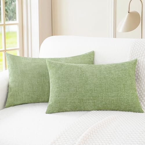Image of CaliTime Pack of 2 Cozy Bolster Pillow Covers Cases for Couch Sofa Home Decoration Solid Dyed Soft Chenille 12 X 20 Inches Sage,Green | Pack of 2, For Couch Sofa, Home Decoration