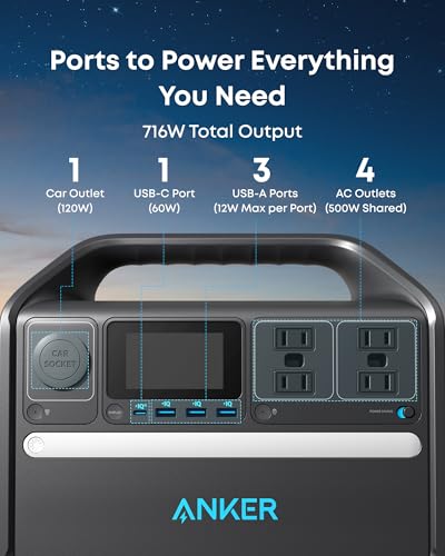 Image of Anker 536 Portable Power Station, 508Wh Solar Generator (Solar Panel Optional) with LiFePO4 Battery Pack, 500W 9-Port Powerhouse, 4 AC Outlets, 60W USB-C PD Output, LED Light for Outdoor Camping, RV