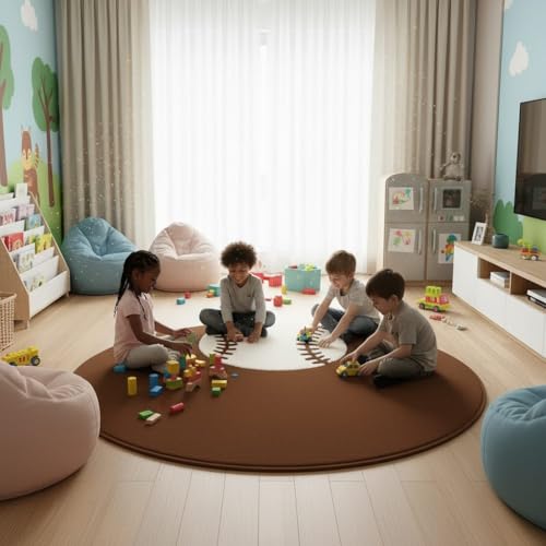 Image of Modern Shaggy Round Rug | Ultra-Soft Plush Circle Carpet for Living Room, Bedroom, Nursery | Fuzzy, Fluffy Area Rug with Non-Slip Base Coffee Double Ball 6x6 feet