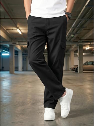 Image of Men's Cargo Trousers-100% Premium Cotton Regular Fit Lightweight Breathable Elastic Waist Multi-Pocket Casual Utility Pants