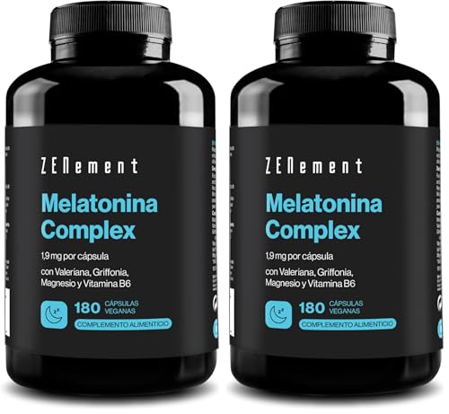 Melatonina Complex 1,9 mg - Con Griffonia (20 mg 5-HTP), Valeriana, Magnesio y Vitamina B6 - Contribuye a Conciliar el Sueño y Reducir el Cansancio - 180 Cápsulas Veganas - Zenement (Paquete de 2)