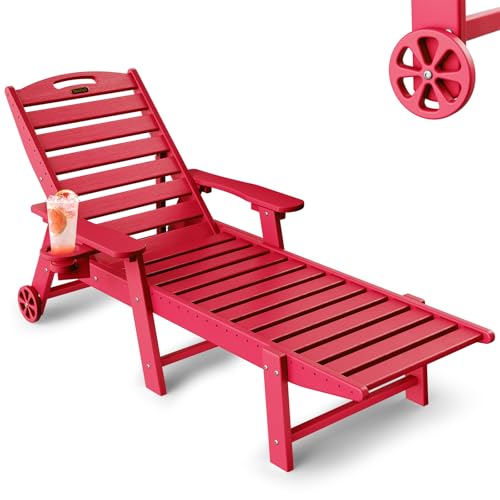 SUUNYN Chaise Lounge Chair Outdoor with Wheels, 6-Position Adjustable HDPE Chaise Lounge Chair with Cup Holder, Outdoor Chair for Pool Poolside Deck Backyard Patio, Red