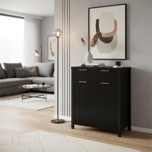 Image of Panana 2-Door 2-Drawer Storage Cabinet, Farmhouse Ribbed Style Sideboard for Kitchen, Living Room, Entryway (Black)