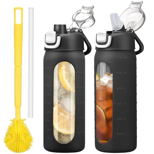 HYDRAGLAZIC 600ML Trinkflasche Glas mit Strohhalm, Glasflasche mit rutschfester Silikonhülle, weite Öffnung, auslaufsicher für Kaffee und Wasserflasche, BPA-frei, Schwarz