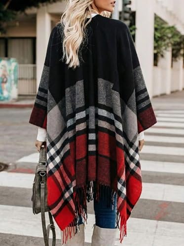 Image of Bestshe Women's Boho Open Front Poncho Plaid Shawl Wrap Cape