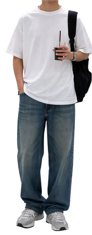 Image of Baggy Fit Denim Jeans for Men, Mid Rise Loose Fit Wide Leg Blue Washed Trousers for Casual Streetwear, Travel, College, Weekend Outings and Everyday Use