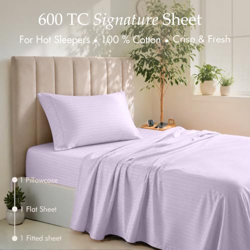 Image of Threadmill 600TC Cotton Twin Sheet Set, Sateen, Damask Stripe, Lilac