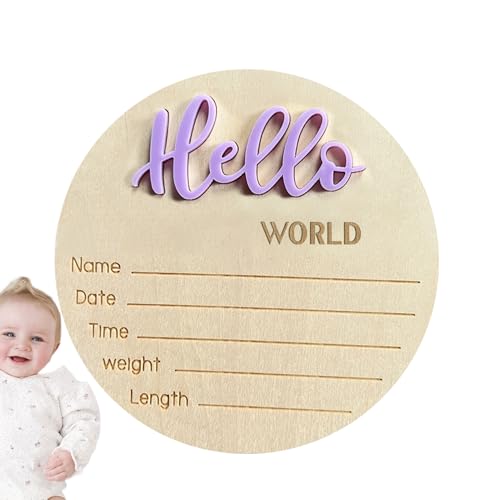 Cartello per annuncio di nascita, tavola rotonda in legno, design neutro, decorazione personale per l'arrivo, legno sostenibile con elegante lettera, regalo per battesimo o doccia