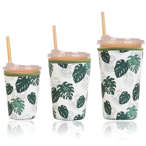 Image of Reusable Insulated Sleeve for Iced Coffee Cup, 3-Pack Coffee Neoprene Drink Sleeve for Cold & Hot Drinks, Beverage Holder for Iced Coffee (Gentle Monstera)