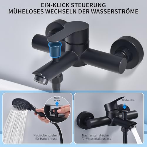 HOMELODY Badewannenarmatur mit Handbrause Schwarz Matt – Mischbatterie Badewanne Wandmontage, 2 Ausgänge Einhebelmischer Duscharmatur mit Wanneneinlauf, Anschlussmaß 135–165 mm