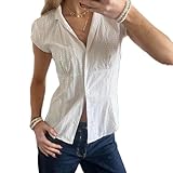 Women Y2K Polka Dot Button Down Shirt Coquette Short Sleeve V Neck Blouses Top Vintage Preppy Crop Top