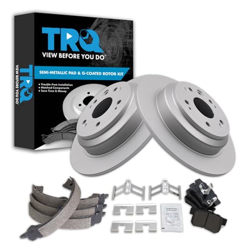 Image of TRQ Rear Brake Pad and Rotor Set Semi Metallic G Coated Rotors Parking Shoe Compatible with 2010-2011 Honda Accord Crosstour 2012-2015 Crosstour