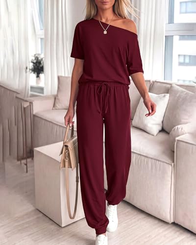 Zenlonr Women Summer 2 Piece Outfits 2026 Off Shoulder Short Sleeve Tops Elastic Waist Drawstring Long Pants Tracksuit(Wine Red,Large) — view 5