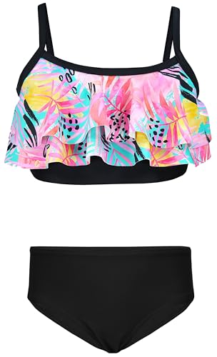 Aquarti Mädchen Bikini Set Bustier Bikinislip Zweiteiliger Badeanzug, Farbe: 030I mit Rüschen/Blätter/Rose/Gelb/Schwarz, Größe: 134