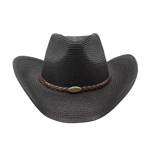 Image of Straw Cowgirl Hat for Women Cowboy Hats for Men Wide Brim Sun Hat Shapeable Western Hat Beach Hat (US, Alpha, One Size, Black)