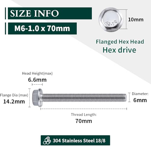 Image of M6-1.0 x 70mm Hex Flange Bolt (2.76 inch Thread Length), DIN6921, Serrated Locking Flange, 304 Stainless Steel, UNC Full Thread, 12-Pack