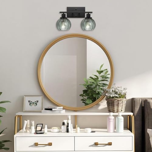Image of Set of 2 Wall Sconces for Bathroom Modern Vanity Light Fixtures 2-Light Black Wall Sconce with Green Glass Shade Farmhouse Wall Lights for Bedroom Living Room