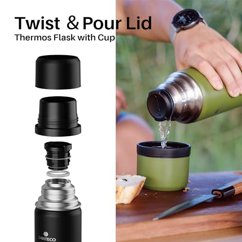 SANTECO Thermoskanne Thermosflasche Edelstahl 1l, 500ml, Auslaufsicher Isolierflasche mit Trinkbecher für unterwegs… – Ansicht 2
