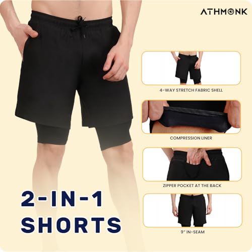 Image of 2in1 Hybrid Workout Shorts for Men and Women - Active Wear Running Shorts Tights for Sports Gym - Hidden Mobile Pocket & Zipper Back Pocket - with Double Inner Compression Liner