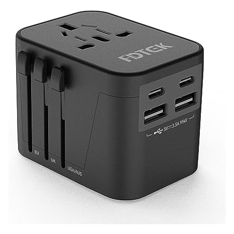 FDTEK Universal Travel Adapter, International Universal Adapter European Travel Plug Adapter with 4 USB Ports(2 USB C) All-in-one Worldwide Adapter for Europe UK AUS Asia Japan Covers 300+Countries Cover