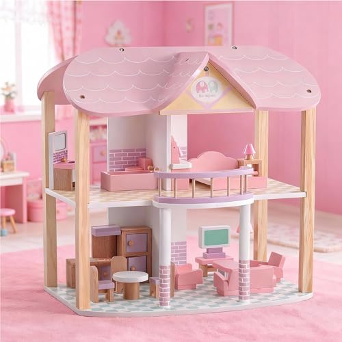 M MEEPO Wooden Dollhouse for Girls, Pink Modern Doll House with 20Pcs Furniture & Accessories,...