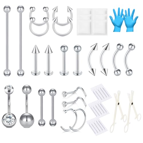 AVYRING 46PCS Piercing Kit for Nose Septum Belly Button Eyebrow Lip Tongue Ear Cartilage Tragus Helix Piercing with Jewellry 13G 15G 18G Stainless Steel Piercing Tools and Supplies Silver