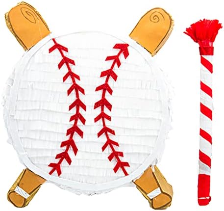 Baseball Pinata for Birthday Party Pinata Bat Decoration Traditional Mexican Fiesta White Pinata Sports Themed Party Supplies With Stick Buster(15.95 x12.5 x 3.1)