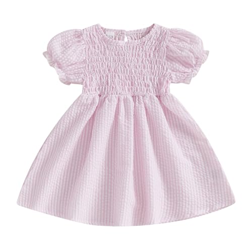 Toddler Girl Summer Sweet Dresses Plaid Print Short Puff Sleeve Crew Neck Smocked A-Line Dress Princess Clothes (A-Pink, 2-3 Years)